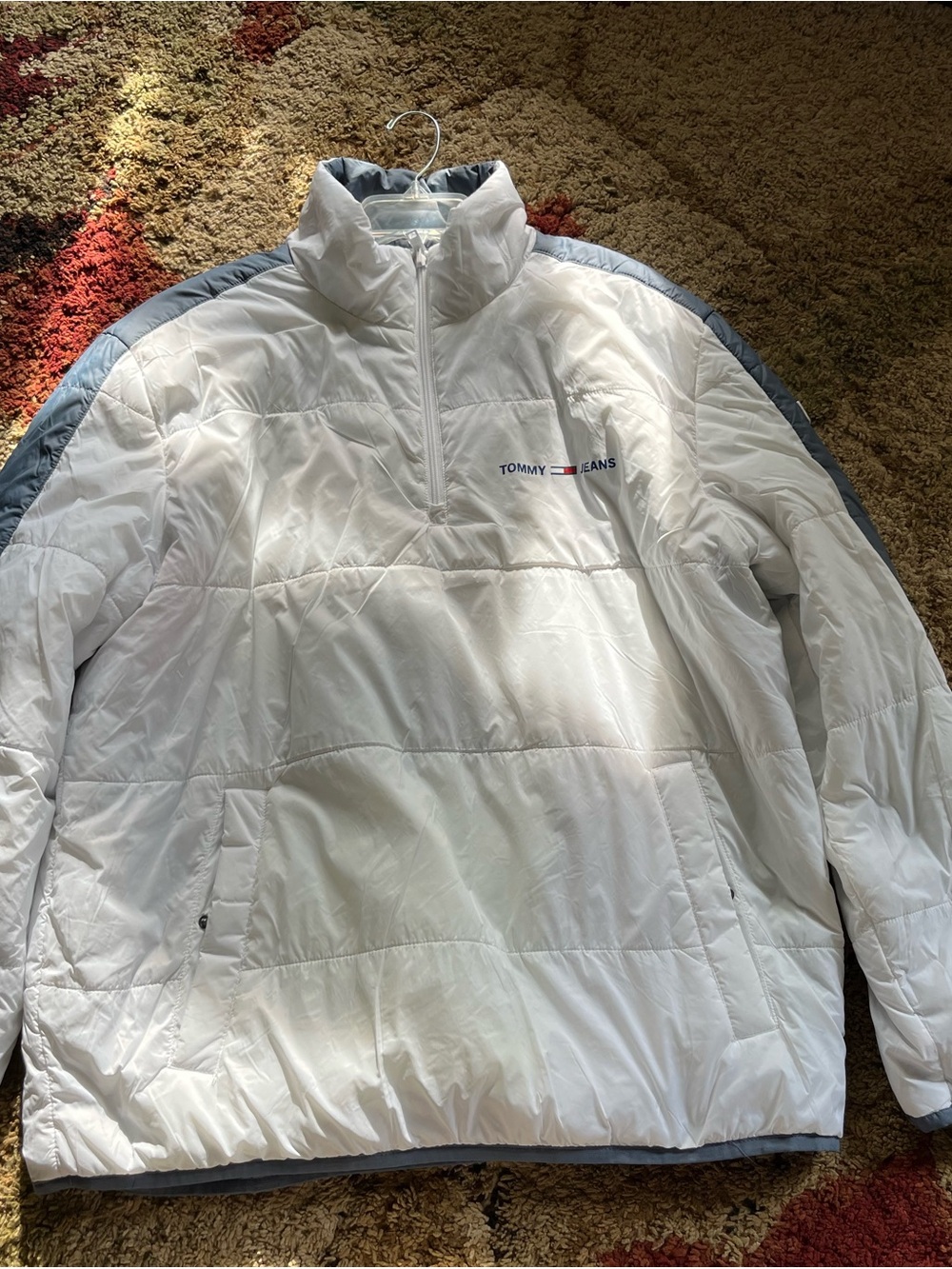 Tommy Hilfiger White Half-Zip Puffer Jacket with Gray Accents
